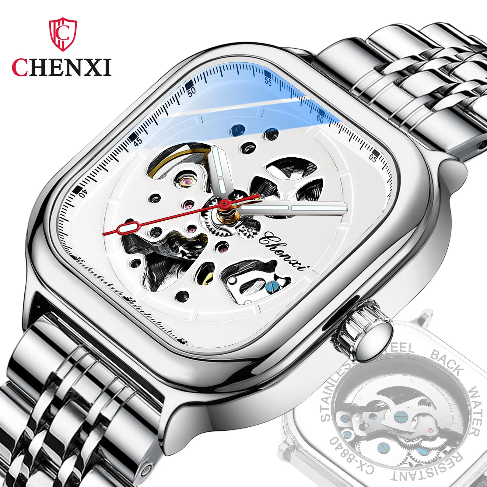 

CHENXI 8840 Men Mechanical Watch Fashion Simple Leather Mesh Stainless Analog Automaton Mechanism Watches for Male Clock Gift