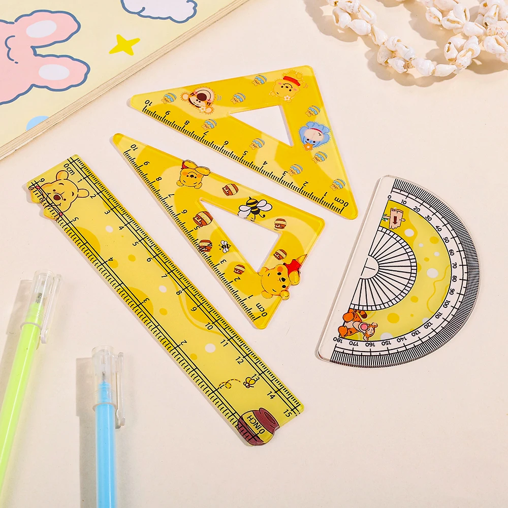 Winnie The Pooh Acrylic Ruler Set, Cartoon Bear Straight Ruler, Triangle Ruler Protractor Measuring Tools for Drawing Stationery