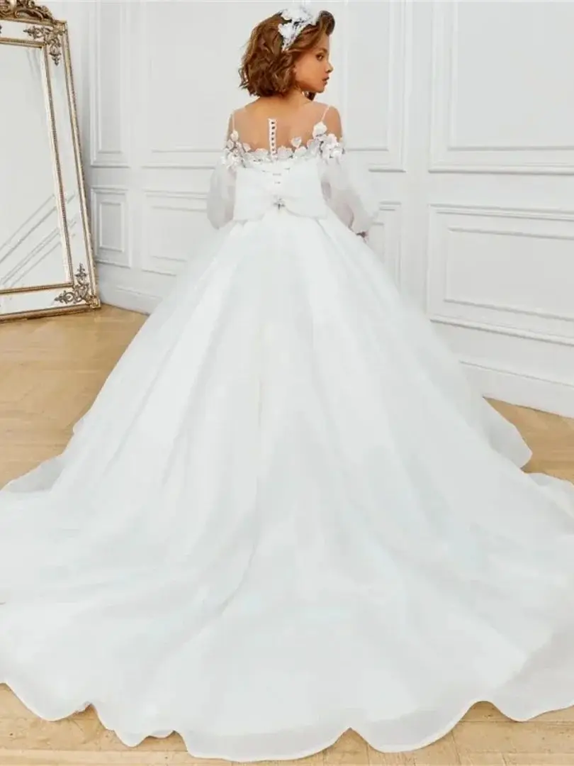 Vestidos de comunión personalizados con lazo de manga larga para boda, cumpleaños, noche, banquete, vestidos de flores santa para niña, flores blancas