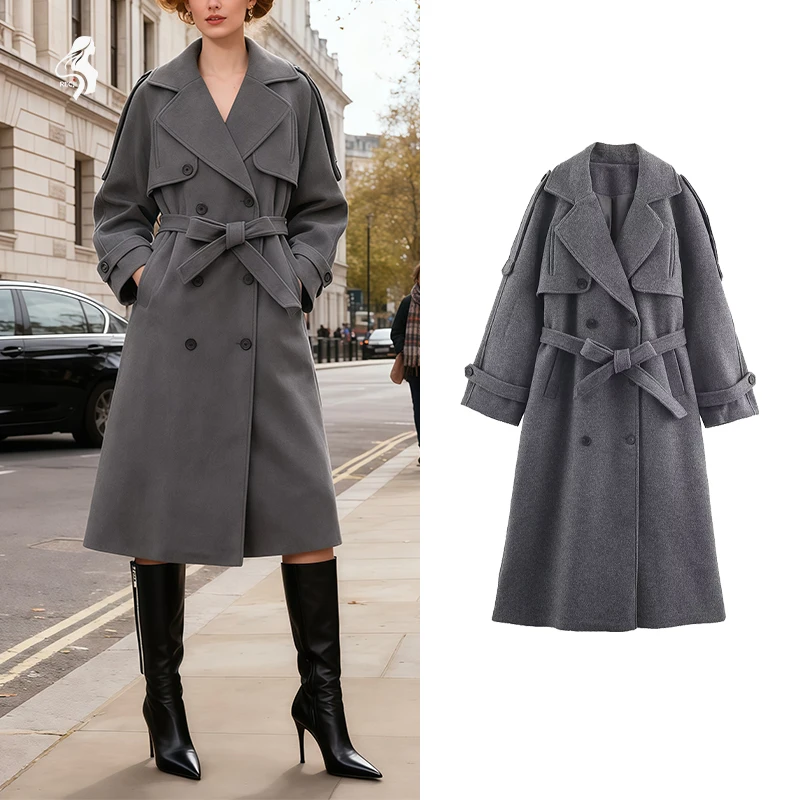 

Fashionable Womens Double Breasted Belted Coat Notched Collar Double Breasted Belted Mid Length Coat Everyday Commuter Outfit