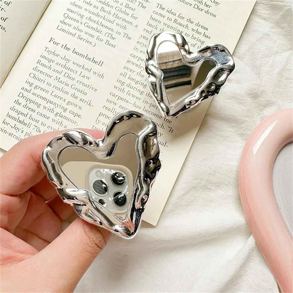 INS Korea Silver Heart Grip Tok Mirror Luxurious Finger Holder Griptok Mobile Stand  Cellphone Support Smart phone Accessories