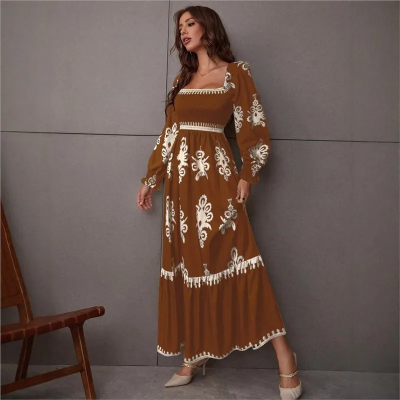 2025 الخريف المرأة أنيقة ملابس منقوشة بكم طويل فستان طويل Vestido Largo Mujer أنيقة البوهيمي فساتين السهرة عطلة نمط