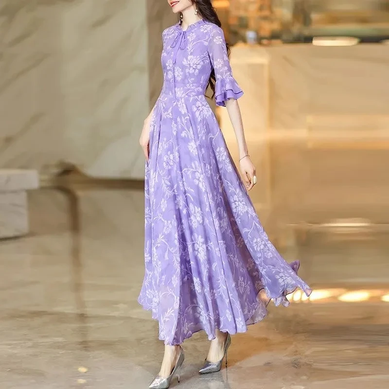 فستان نسائي صيفي جديد موديل 2025 بمزاجية ذات خصر عالٍ ونحيف نصف كم فستان شيفون أرجواني فاتح فرنسي مزين بالزهور #2