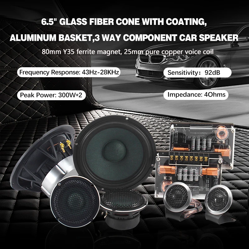 Aluminum 80mm Y30 Ferrite Magnet 6.5Inch NOM 100W 3-way Full Range Component Car audio Speakers with woofers/tweeters/crossovers