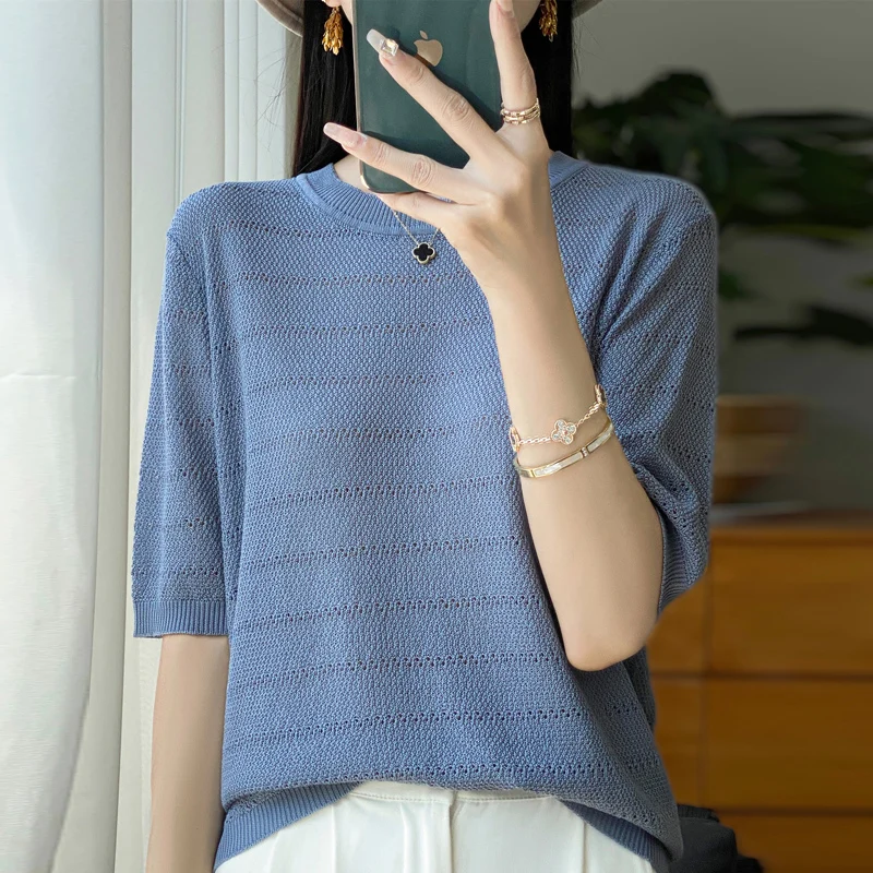 Summer New Lyocell Round Neck Solid Color Hollow Thin Knit T-shirt Solid Color Half Sleeve Loose Top
