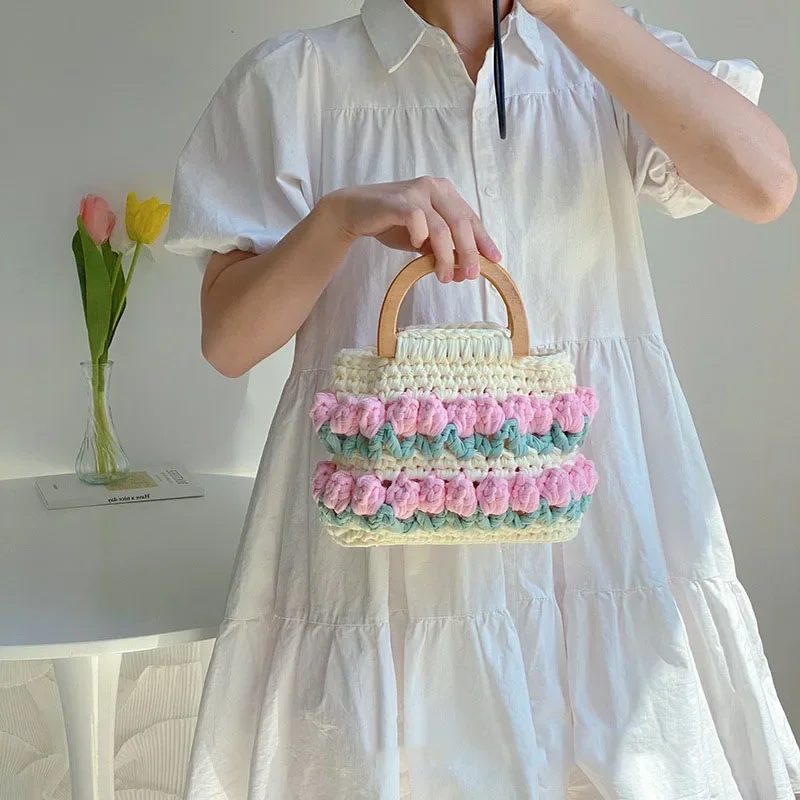 DIY Tulip Bag Handwoven Cloth Bar Crochet Knitted Women's Handheld Small Bag As A Gift for Girlfriends