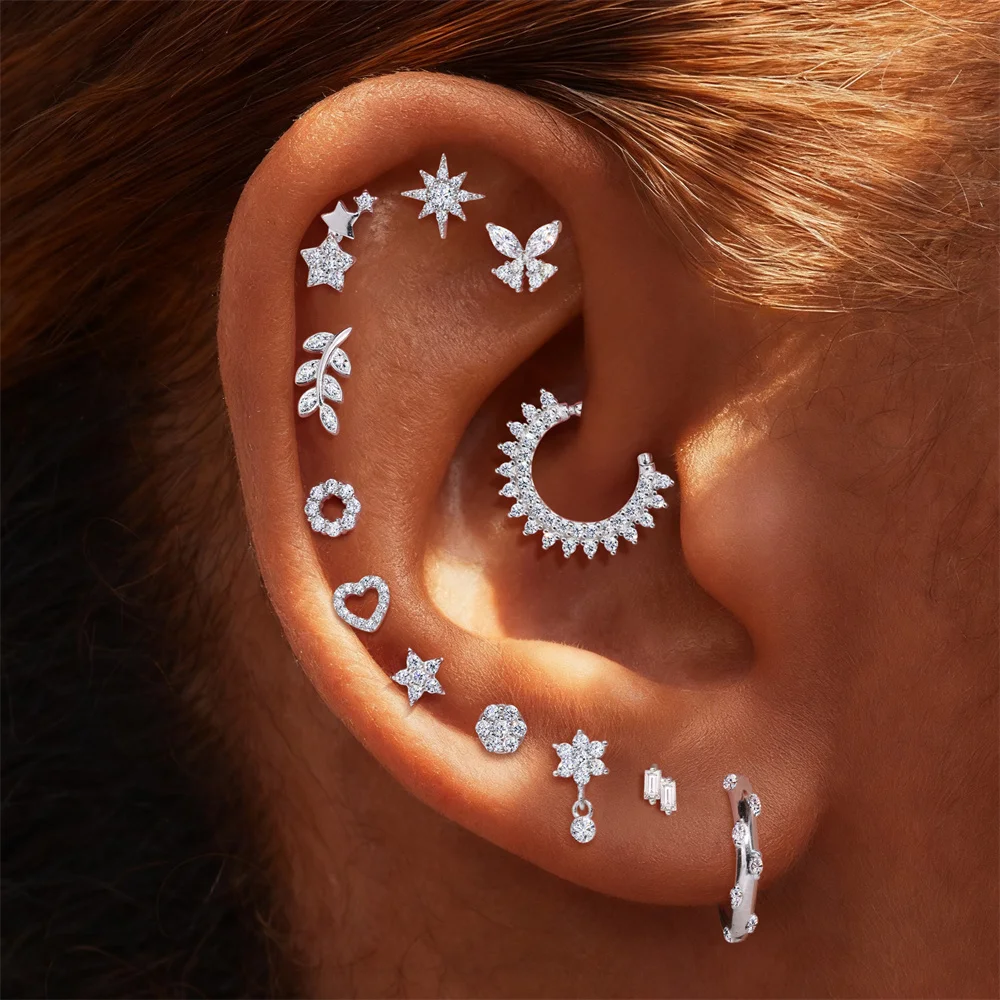 CANNER 1PC Classic Geometric Moissanite 925 Sterling Silver Flat Head Thread Ear Bone Puncture For Women Stud Earrings Jewelry view 2