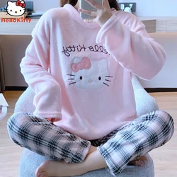 Ins Sanrios 2022 Hello Kittys Flannel Pajamas Female Winter Kawaii Cartoon Autumn Sweet Large Size Tracksuit Suit Christmas Gift