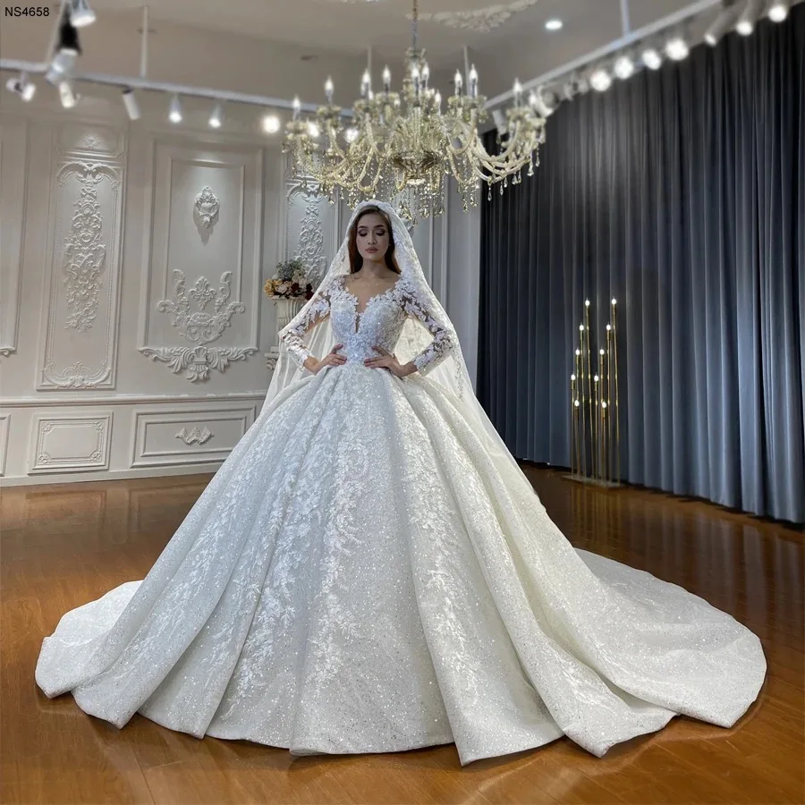 Ball Gowns Wedding Applique Lace Bridal Dress Shiny Sweep Train Long Sleeves Vestido de novia Customized