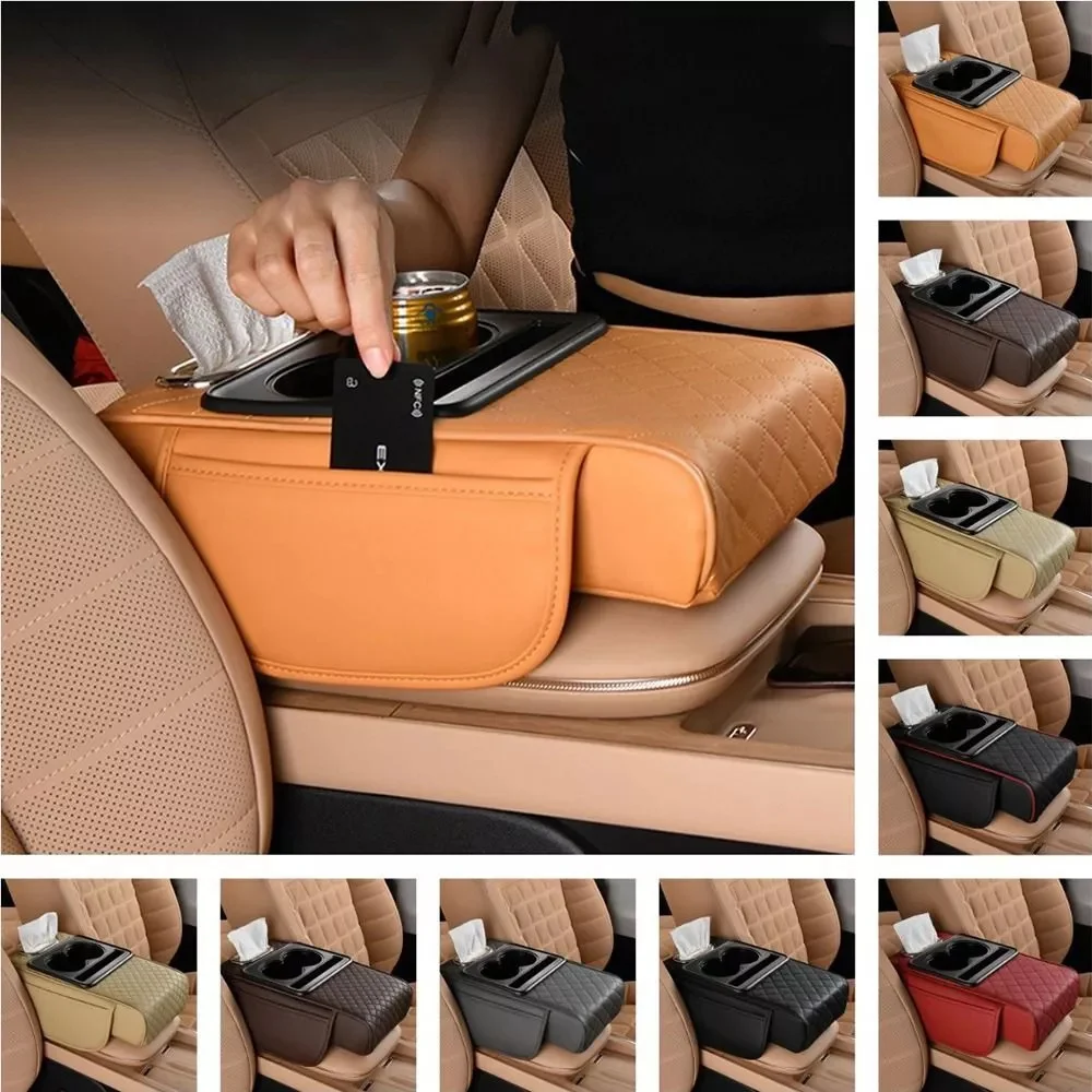 Cojín multifuncional para reposabrazos de coche, almohada para reposabrazos de coche con portavasos y almohadilla elevadora multifuncional para almacenamiento de teléfono