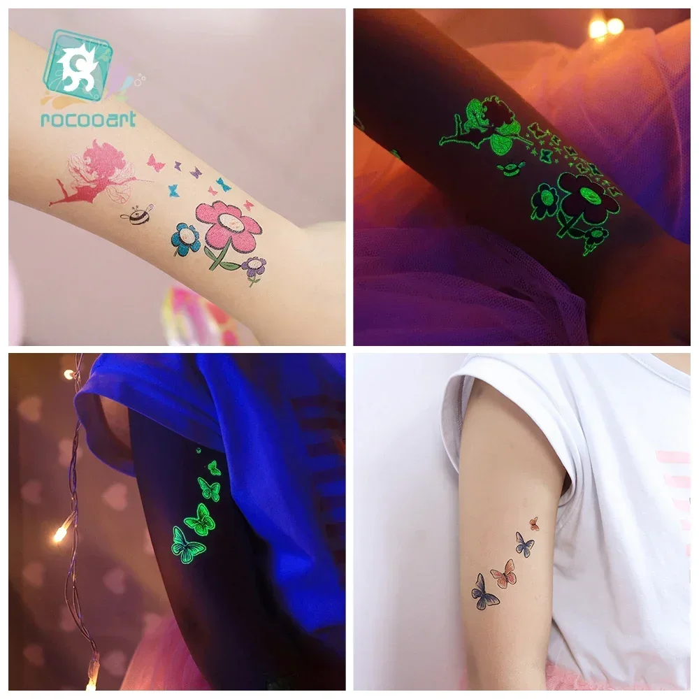 Luminous Fairy Tattoos Butterfly Flowers Temporary Body Stickers Disposable Children Party Makeup Fake Tatoo Glowing Taty Kids