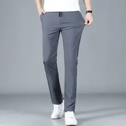 Smart Casual Summer Thin Casual Pants New Men Solid Ice Silk Elastic Waist Pocket Quick Drying Fashion Loose Straight Trousers