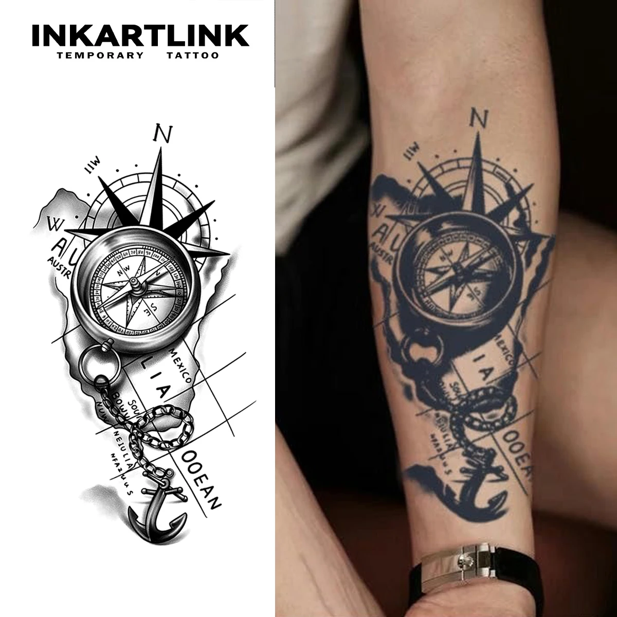 Compass and Anchor Temporary Tattoo,Lasts To 15 Days New Technology Magic Waterproof Semi Permanent Sticker.