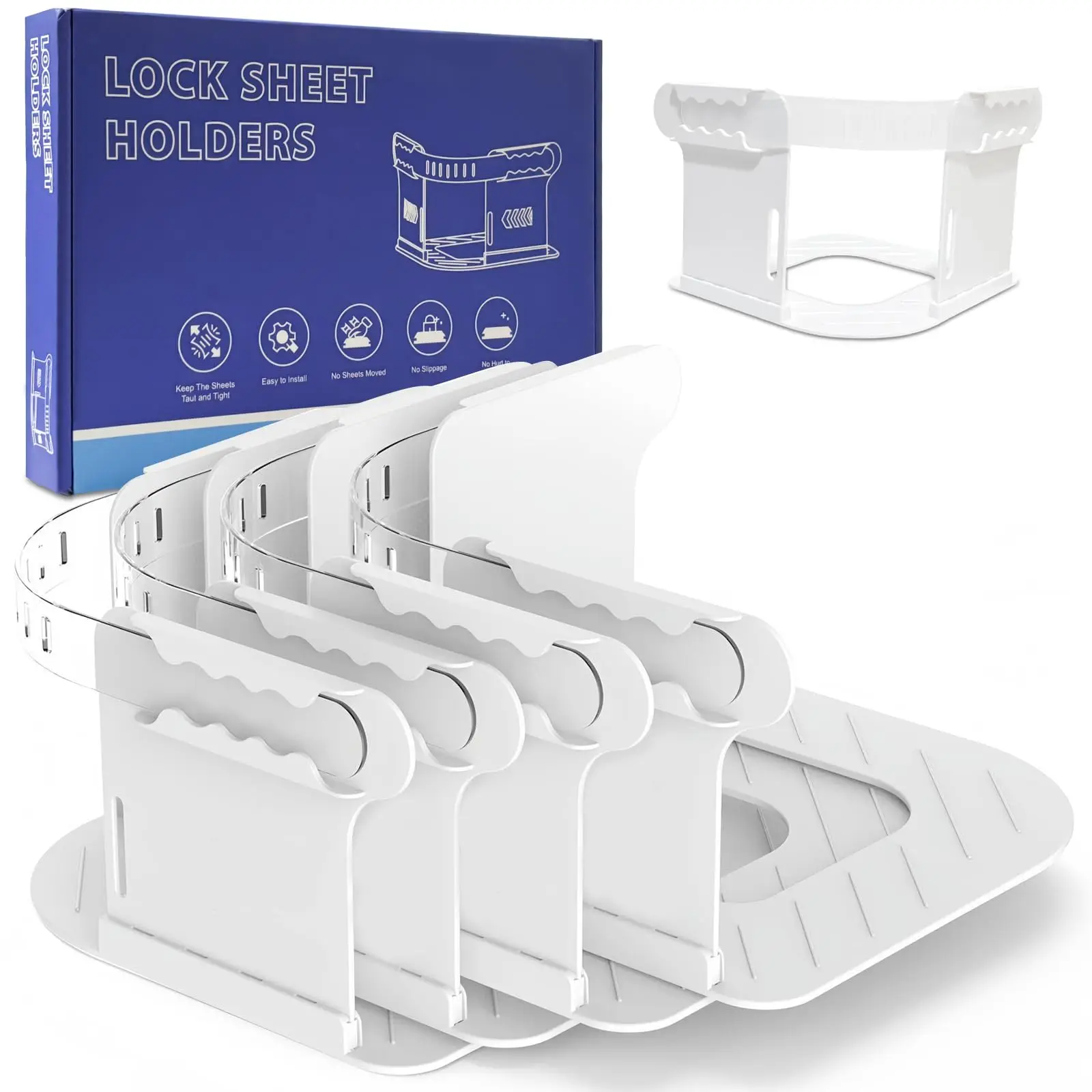 

4pcs Lockable sheet holders keep sheets tight Sturdy bed sheet holder corner straps fits all mattress sizes Easy installation