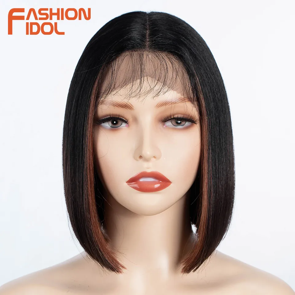 Wig Bob pendek lurus idola FASHION wig renda rambut sintetis untuk WANITA HITAM Ombre pirang wig Cosplay serat suhu tinggi