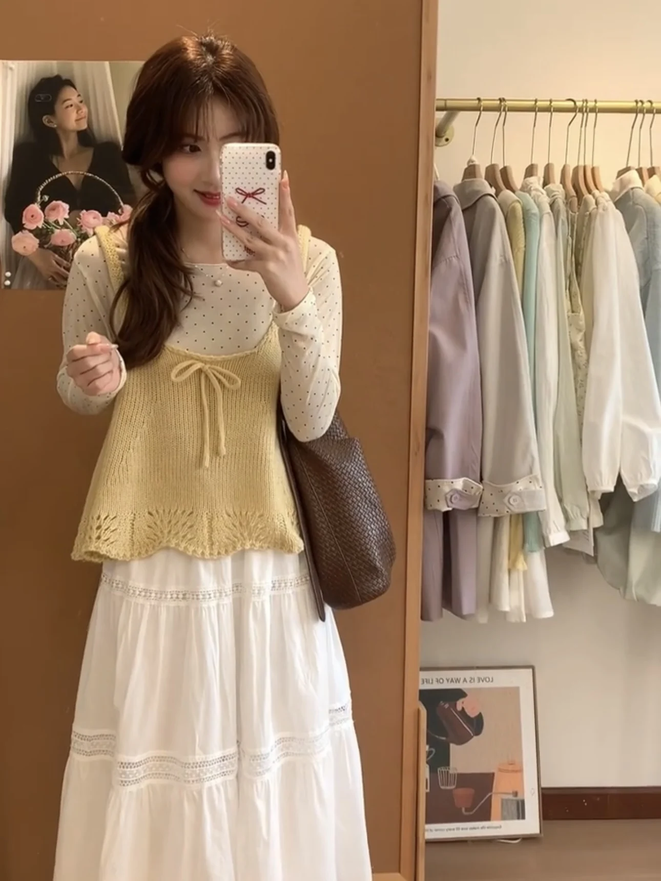 

Fashionable Knot-Strap Long-Sleeve Women's Set High-Waist Spring Summer Outfit Polka Dot Top And Bottoms Ensemble