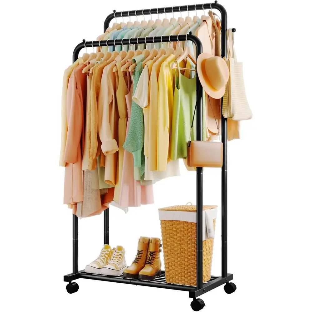 

Clothes Rack - Double Rods Clothing Rack with Mesh Shel, Hooks & Wheels, Metal Clothing Racks or Hanging Clothes & Bags, Multiun