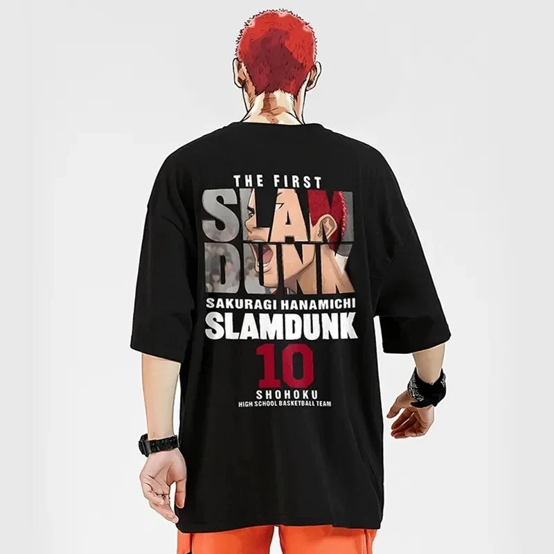 2024 Summer New Anime Slam Dunk Anime Print T-shirt for Men Loose and Soft Large Cotton Short Sleeve Fashion Trendy Men T-shirt