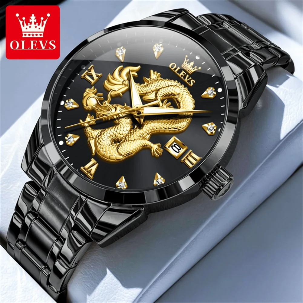 OLEVS Top Men's Watches Luxury Waterproof Quartz Dragon Watch Calendar Original Watch for Men Fashion Stainless Steel Strap New