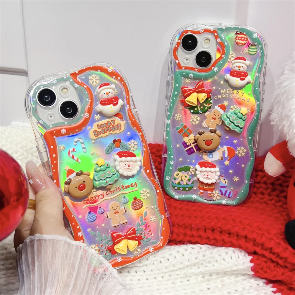 Christmas Cartoon New Year Gifts Phone Case for iPhone 15 14 13 12 Pro Max X XS Soft TPU Case for iPhone 11 16Pro laser Cover