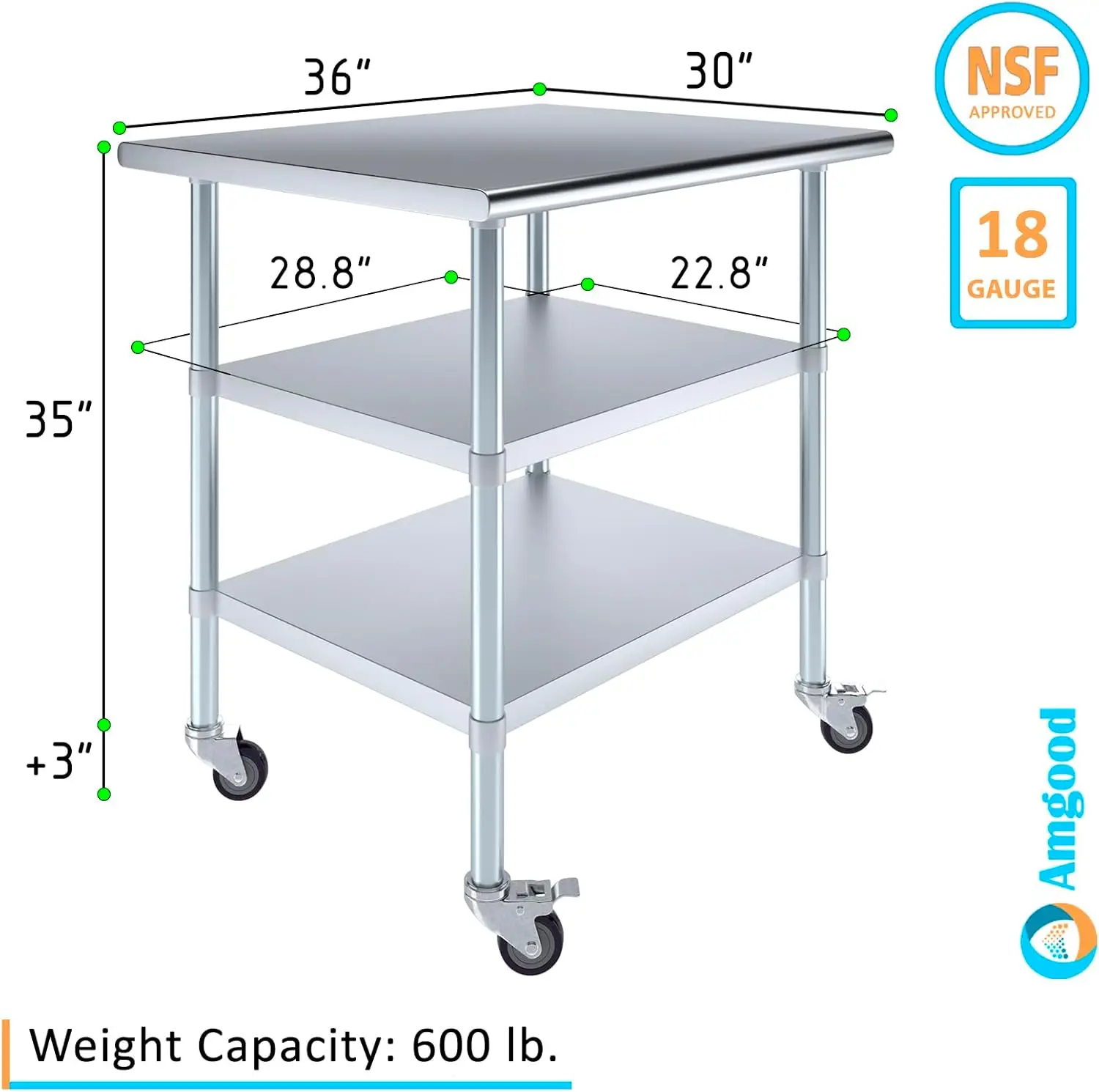 AmGood Stainless Steel Work Table with 2 Shelves and Casters | Metal Utility Table On Wheels (Stainless Steel Work Table