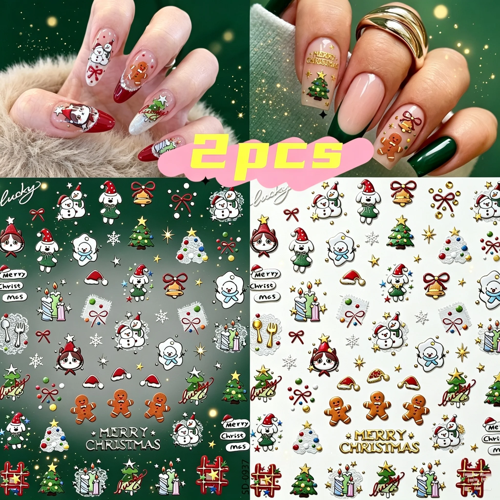 2Pcs 5D Gold Silver Bronzing Christmas Nail Stickers Cute Cat Snowman Gingerbread Man Nail Decals Xmas Tree Snowflake Nail Decor