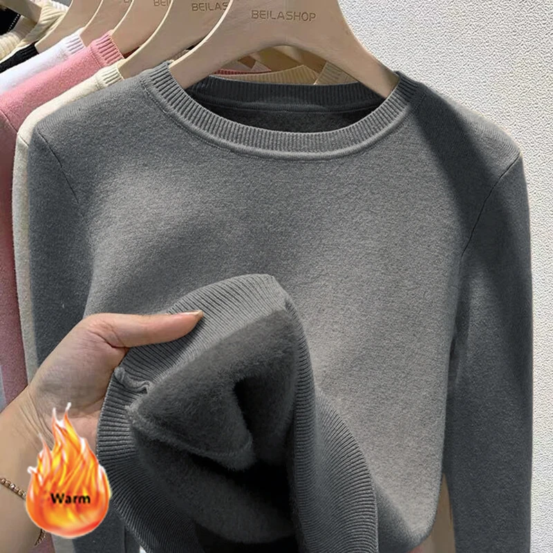 Women Winter Long Sleeve Sweater Plus Velvet Round Neck Knitwear Pullover All-Match Solid Soft Knitted Top Warm Casual Sueter