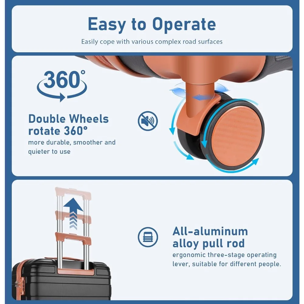 Juego de equipaje de mano 22x14x9 aprobado por aerolínea: carcasa dura 100% para PC, ligero, cerraduras TSA, ruedas giratorias silenciosas, cremallera duradera,