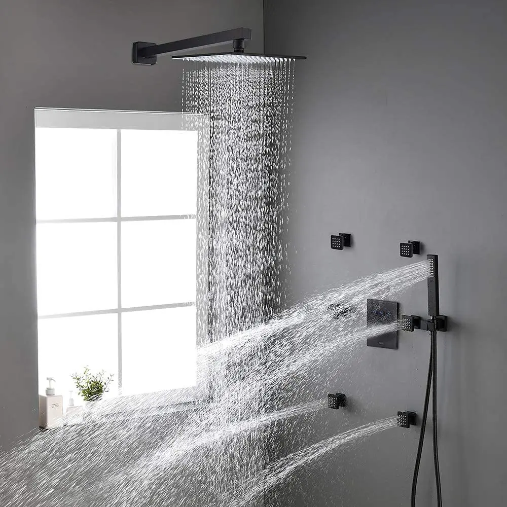 JDOOR 12 Inch Led Matte Black Wall Mount Rainfall Concealed Shower Faucet Set