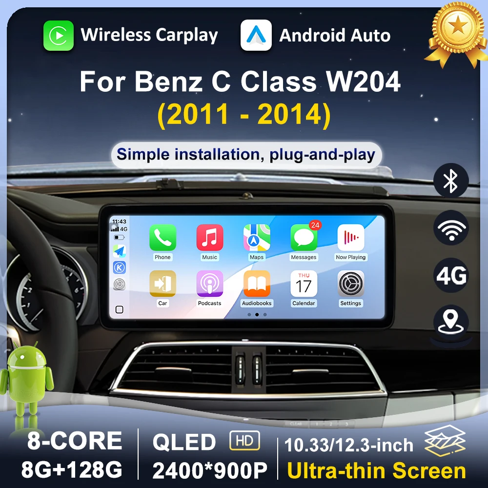 محرك اليد اليسرى أندرويد 15 راديو السيارة مشغل وسائط متعددة لمرسيدس بنز C الفئة W204 2011-2014 4G WiFi BT DSP 12.3 "شاشة QLED #1