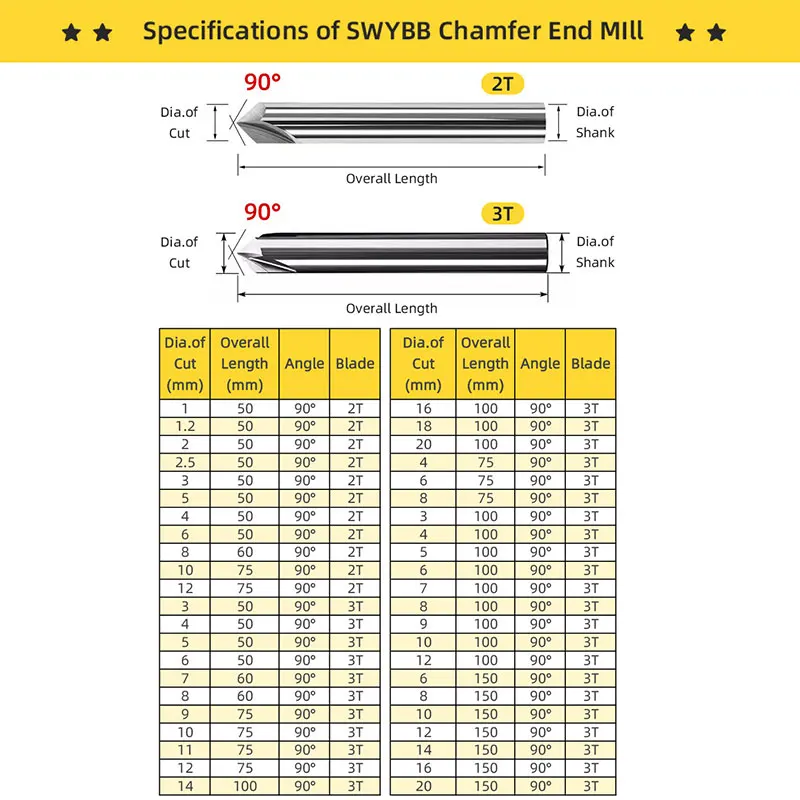 SWYBB 2 Flutes 3 Flutes 60 90 120 Degree Chamfer Milling Cutter Carbide Chamfering Mill Deburring V Grove Router