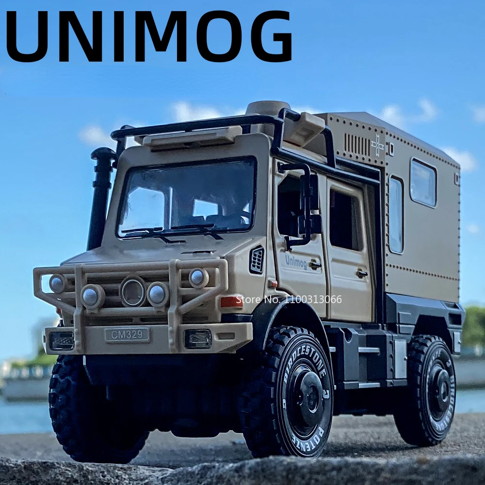 

1/28 High Simulation Unimog Off-Road Vehicle, литая под давлением модель автомобиля со светом и звуком, внедорожный автофургон для мальчика, подарок на день рождения