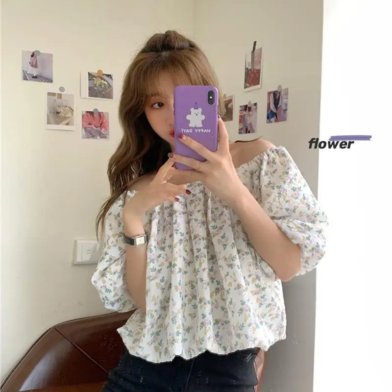 2025 夏の新しい甘くて優しい風露鎖骨花柄ルーズショート半袖シフォンシャツトップ女性のための