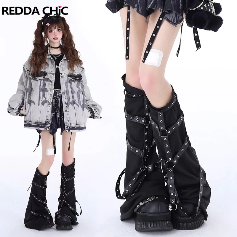 

ReddaChic Steampunk Retro Black Leather Harness Leg Warmers Women Acubi Fashion Boots Cover Thigh Long Socks Harajuku Streetwear