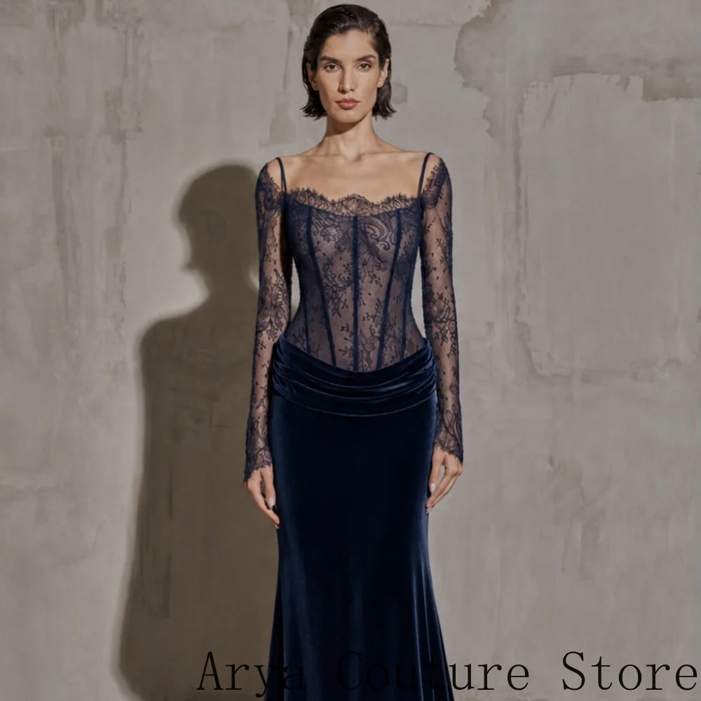 Mermaid Evening Gown Featuring Dual Thin Spaghetti Straps Sheer Floral Lace Long Sleeve Corset Bodice With Scalloped Sweetheart