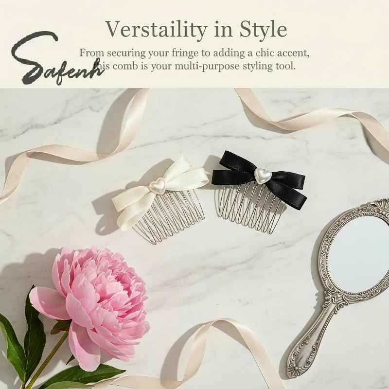 Elegant Ribbon Bow Hair Combs Faux Pearl Heart Decor Metal Teeth For Daily Wear Wedding Hair Styling