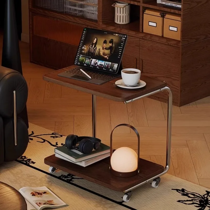 Heavy Steel Side Table Double-Layer Rolling Cart Retro Sofa End Stand with Guarded Edge Bedside Cabinet for Small Spaces