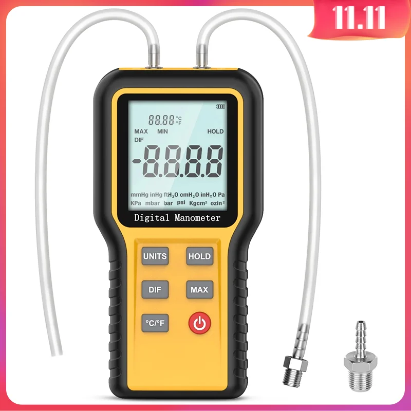 

Manometer Gas Pressure Tester, Digital HAVC Manometer Dual-Port Air Pressure Meter with Backlight and Data Record Function
