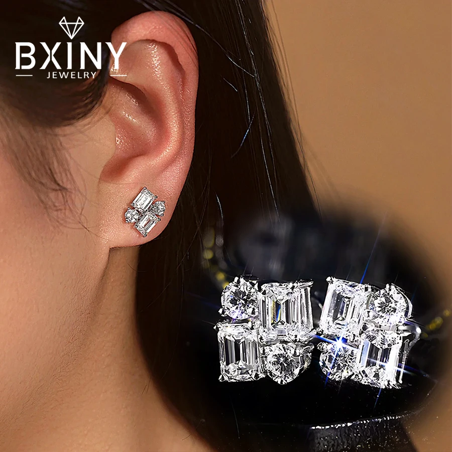 

BXINY 2.4CTTW All Moissanite Stud Earrings 100%S925 Silver Emerald&Round Lab Diamond Ear Studs for Women Party Gift Fine Jewelry