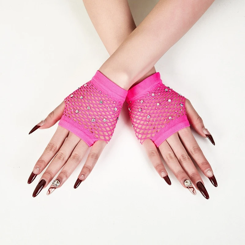 

Women Short Punk Hollow Mesh Sexy Fingerless Gloves Rhinestone Decor Fishnet Cuffs Festival Party Accessories