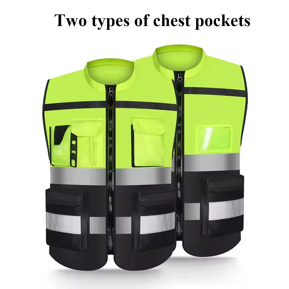 남녀 공용 맞춤형 로고 안전 조끼, 포켓과 지퍼가 있는 투톤 작업복 조끼 (건설 안전 작업복)