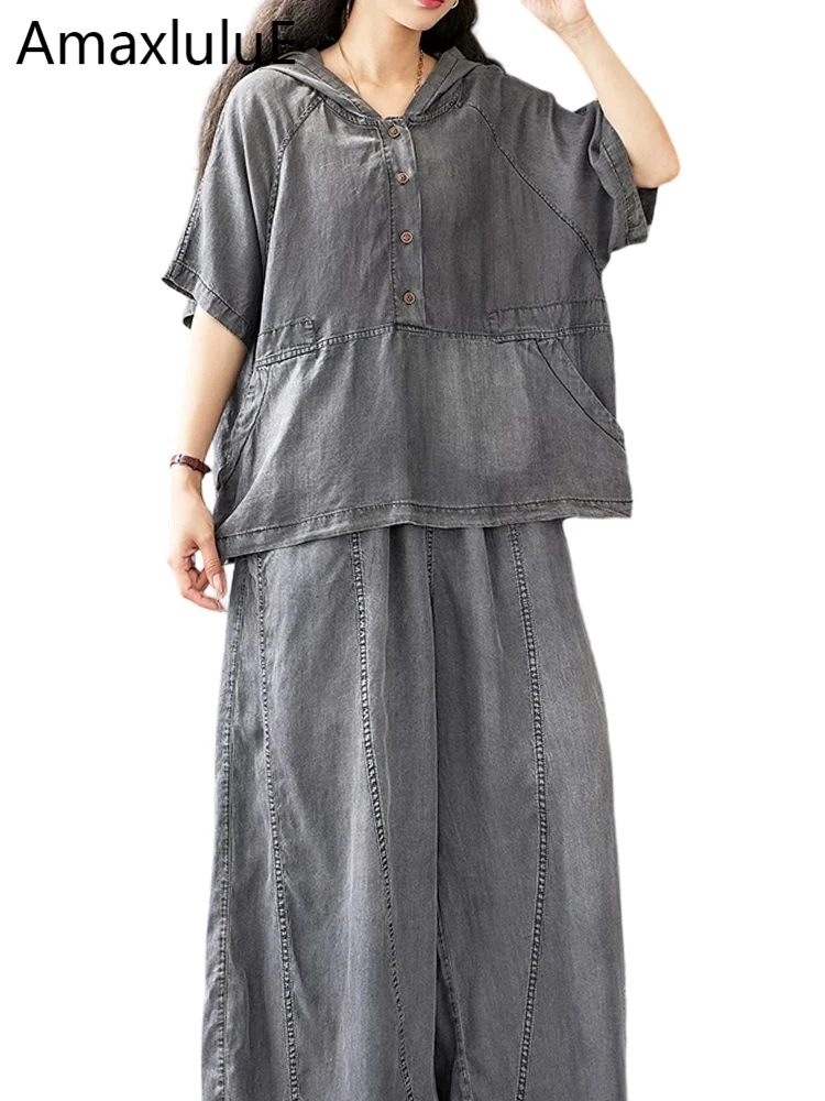 

Amax LuluE Summer Hooded 2 Pieces Sets Women Fashion Denim Suits Causal Loose Tops Leisure Jeans Classic Pants Vintage Outfits