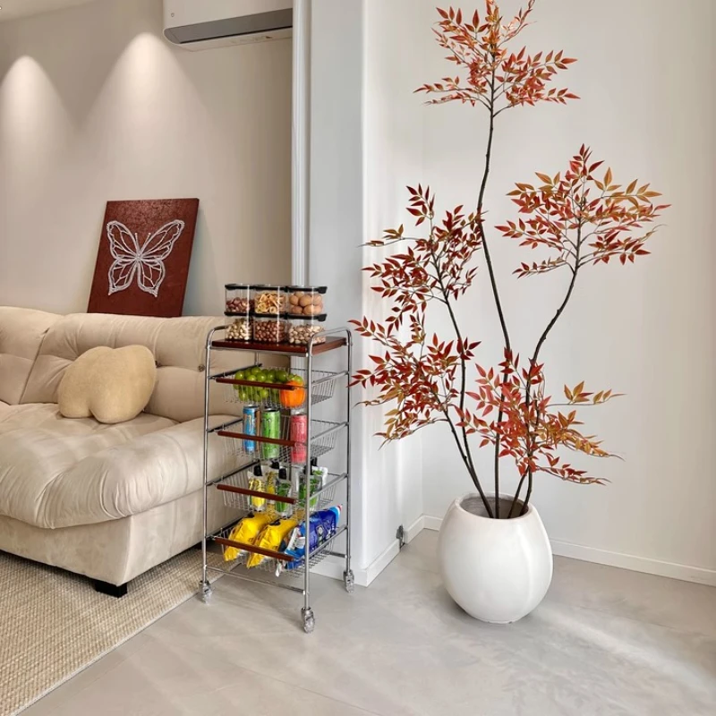 

wood Pull-Out Basket Cart, Vintage Storage Rack with Wheels, Multi-Layer Floor Organizer, 360° Rotating Storage Unit with Brakes