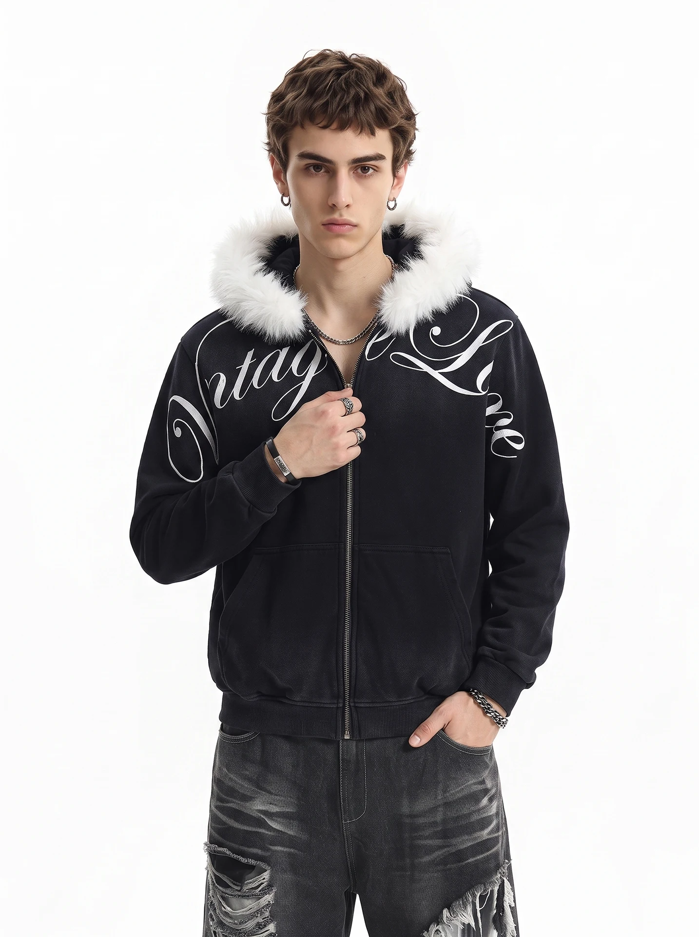 BETEBULE American Style Streetwear Hooded Zipper Jacket Men's Loose Fit Long Sleeve Sweatshirt with Fur Collar Autumn New Arr...