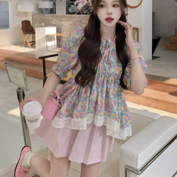 Dulce estampado Floral Bubble Sve irt mujer suelta Fit Princ Sle ort Sve redondo Ne Top coreano principios de primavera Faion