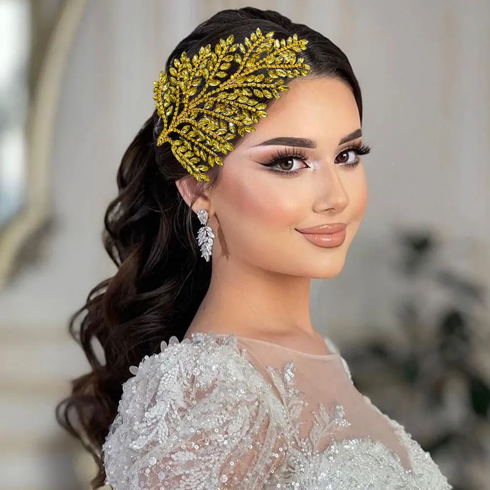 DZ110 الذهبي الأصفر الزفاف إكسسوارات الشعر للنساء الشعر مجوهرات حفلة العروس خوذة وصيفه الشرف تيارا هدية الزفاف عقال