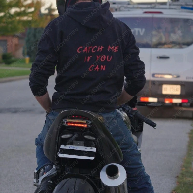 Capturami se você pode moletom com capuz masculino motocicleta esporte bicicleta manga longa moletom engraçado reckless slogan impressão pullovers