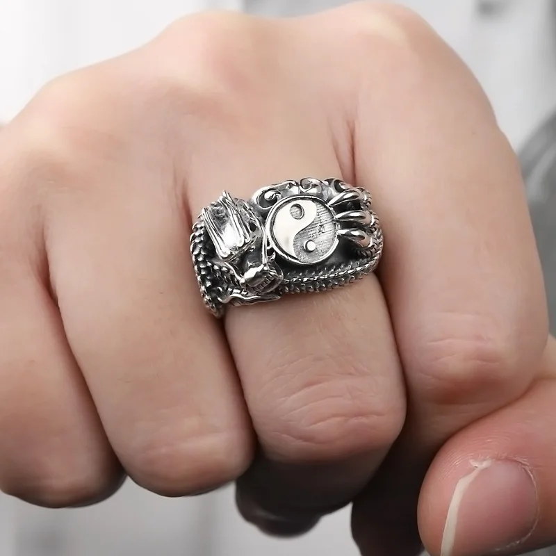 Retro Thai Dragon Open Ring, Estilo Étnico, Legal e Bonito Jóias, Cor Prata, Retro, Bagua, Taiji, UNISEX
