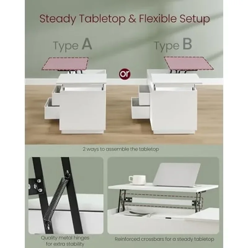 Mesa de centro, mesa de centro elevatória com 2 gavetas e compartimentos ocultos, mesa central com tampo elevatório, compartimentos abertos