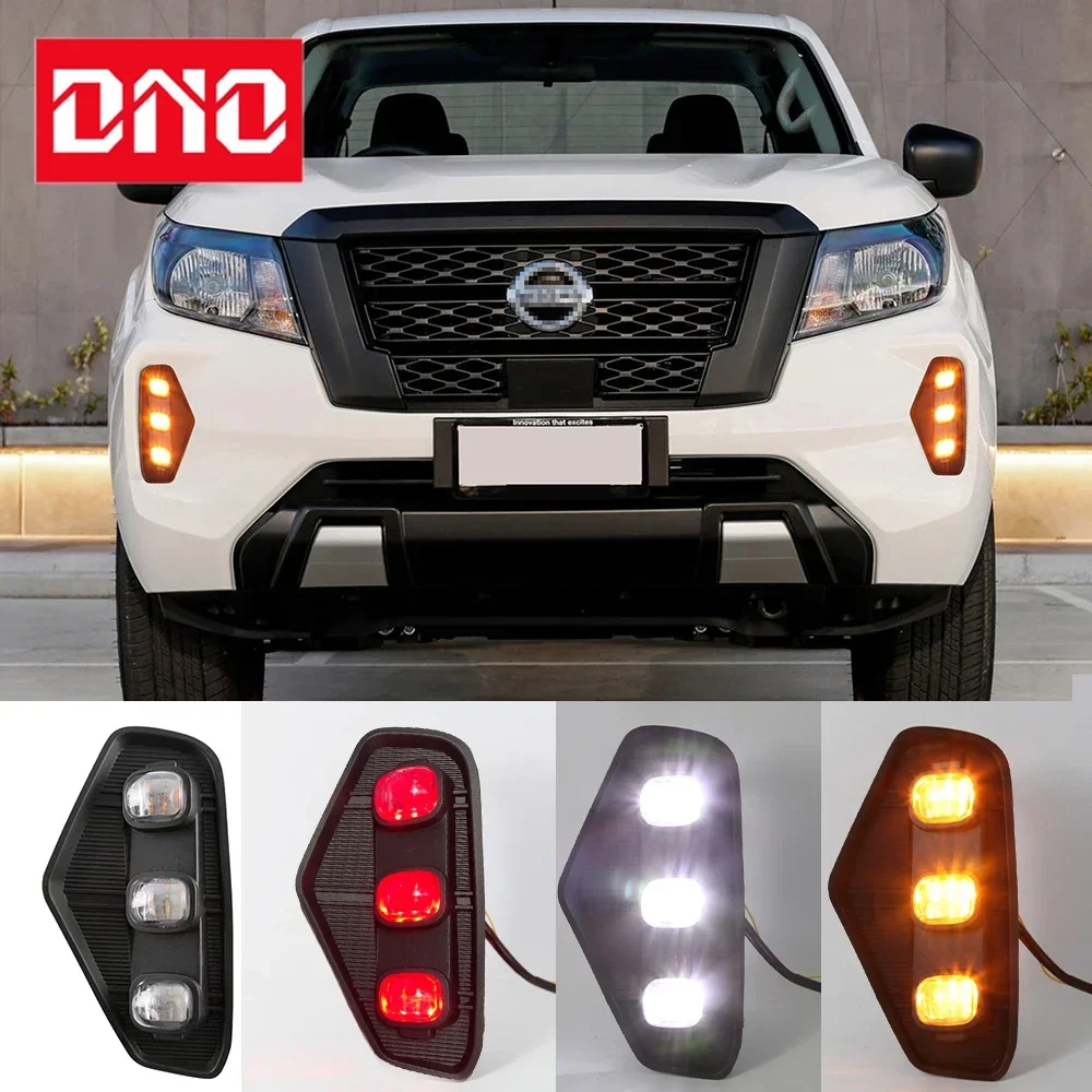 Car LED DRL 12V Daylights For Nissan Navara 2021 2022 Yellow Turn Signal Night Red Running Lamps Car Foglamp